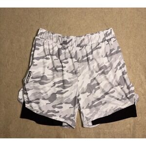 YoungLa Running Shorts Men XXL Gray Camo‎ 2-1 Shorts Pockets Drawstring Logo